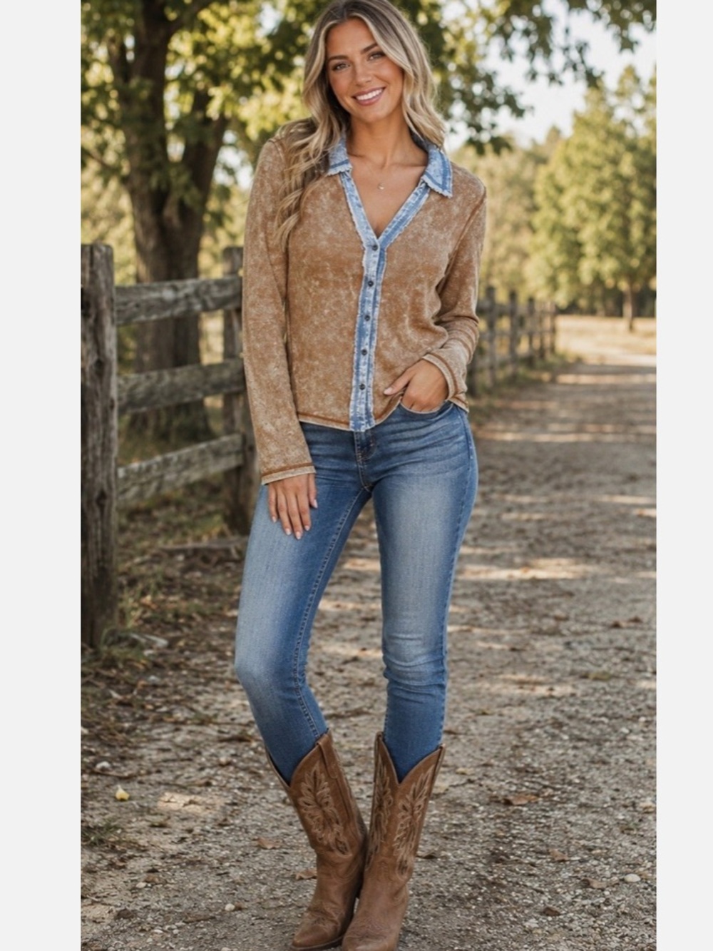 WASHED RIB THERMAL DENIM COLLAR BUTTON DOWN SHIRT WASHED CAMEL